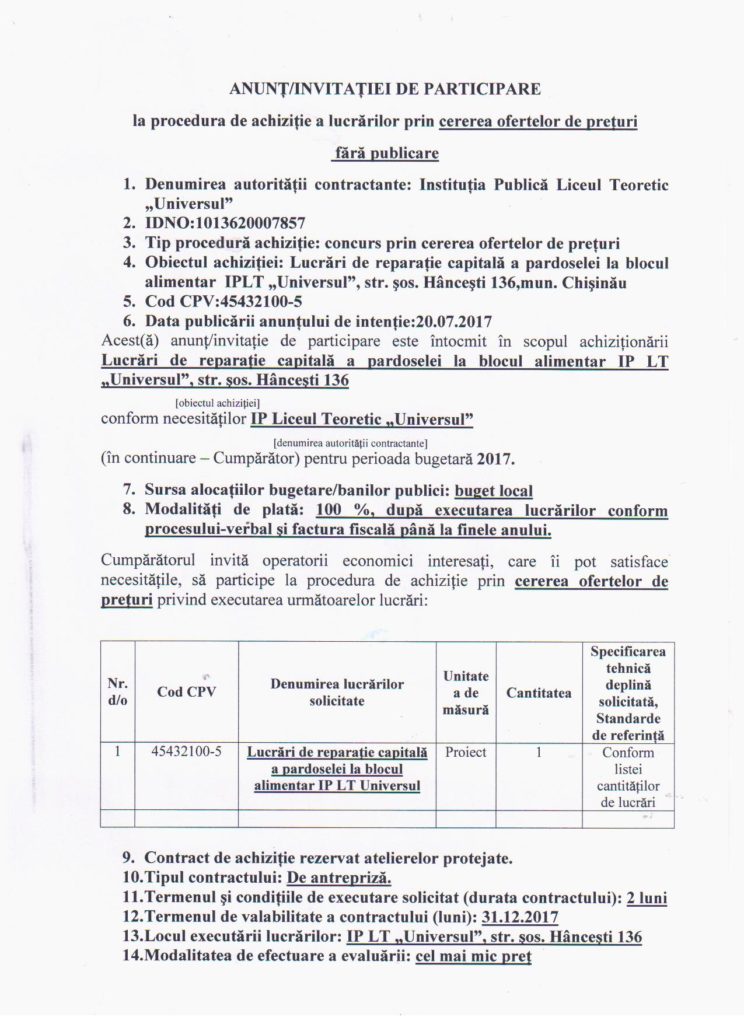 Noutăți și Evenimente Liceul Teoretic Universul